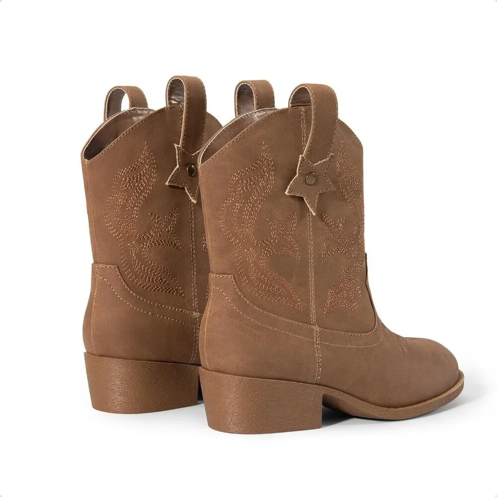 ⚡Girls Camel Cowgirl Boots With Low Heel Western Embroidered Fashion Mid Calf